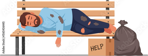 Homeless man sleeping on bench vector illustration poverty and social issue