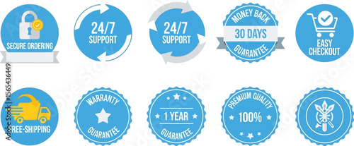 Online shopping badges set vector illustration secure ordering and support