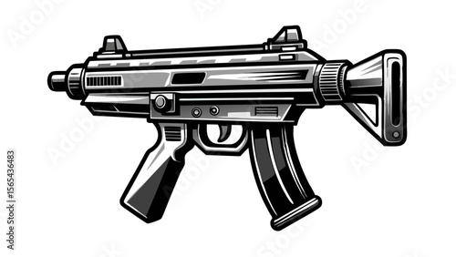 Detailed firearm illustration: A detailed black and white illustration of a modern firearm, emphasizing its intricate design and the raw power it embodies.