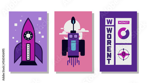 Innovative Space Posters: A collection of graphic posters featuring rockets, a space station, and graphic design elements, celebrating themes of technology and exploration.