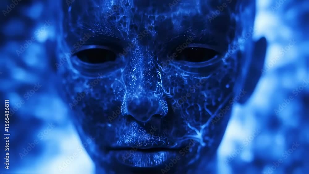 Digital mask transformation in abstract blue light timelapse animation Digital mask transformation in abstract blue light timelapse animation
