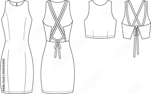 Sleeveless fitted dress and crop top with crisscross strappy tie-back – fashion flat sketch vector template for technical design use.