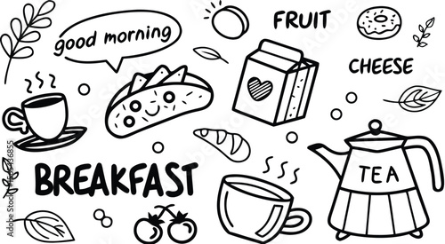 vector breakfast and morning icon set,

Fast food sketch for fastfood restaurant or bistro. Vector cheeseburger burger or hotdog sandwich snack, french fries or pizza and coffee or soda drink, taco 