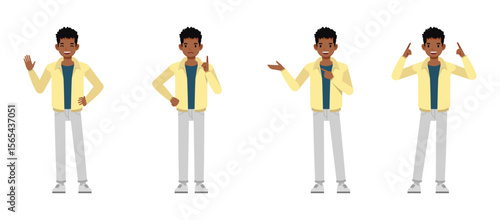 Man wearing cream jacket character vector illustration design set. Working and presentation in various action.