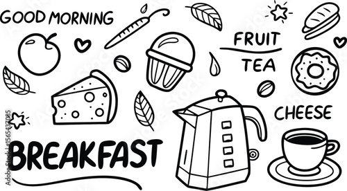 vector breakfast and morning icon set,

Fast food sketch for fastfood restaurant or bistro. Vector cheeseburger burger or hotdog sandwich snack, french fries or pizza and coffee or soda drink, taco 