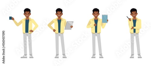 Man wearing cream jacket character vector illustration design set. Working and presentation in various action.