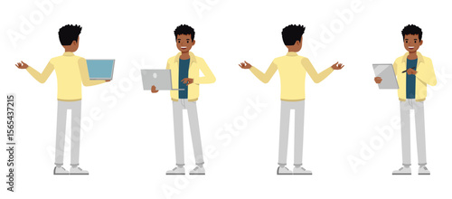 Man wearing cream jacket character vector illustration design set. Working and presentation in various action.