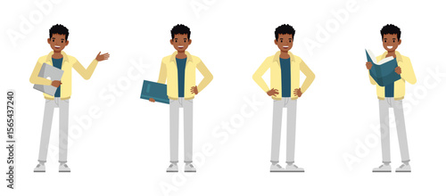 Man wearing cream jacket character vector illustration design set. Working and presentation in various action.