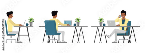 Man wearing cream jacket character vector illustration design set. Working and presentation in various action.