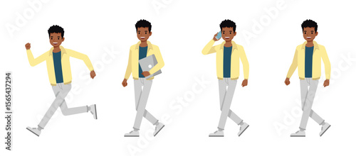 Man wearing cream jacket character vector illustration design set. Working and presentation in various action.