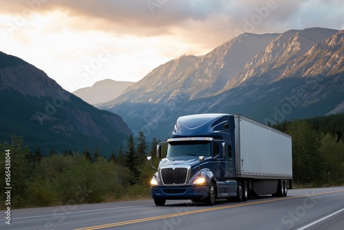 Blue semi truck on mountain highway at sunset