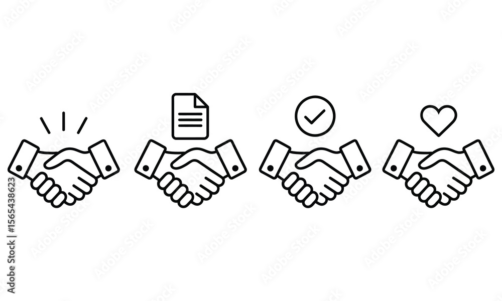 Obraz premium Handshake Icons with Document, Check Mark and Heart on White Background