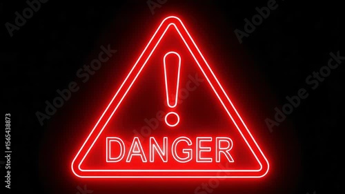 Danger warning sign animation with glowing red neon light and flickering effect for safety and alert messages.