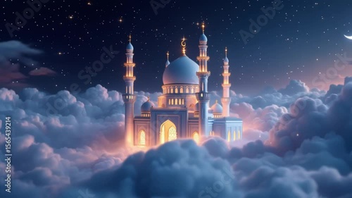 Enchanting celestial mosque floating amongst clouds under a starry night sky