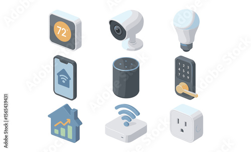 Smart home devices: thermostat, security camera, light bulb, smart lock, smart phone, voice assistant, home energy management, wifi router, and smart plug. 3D smart home icons