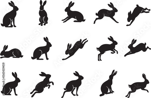 A set of different types of black Hare Wild Animals silhouette icons on a white background. Each  has a unique position. The icons are illustrations