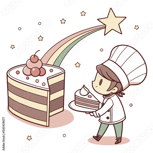 Cute Cartoon Pastry Chef with Cake – Adorable Dessert and Rainbow Star Vector Illustration