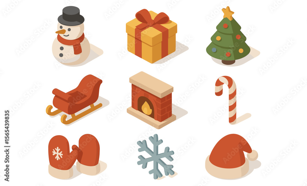 Fototapeta premium Christmas-themed objects: snowman, gift box, tree, sleigh, fireplace, candy cane, mittens, snowflake, santa hat