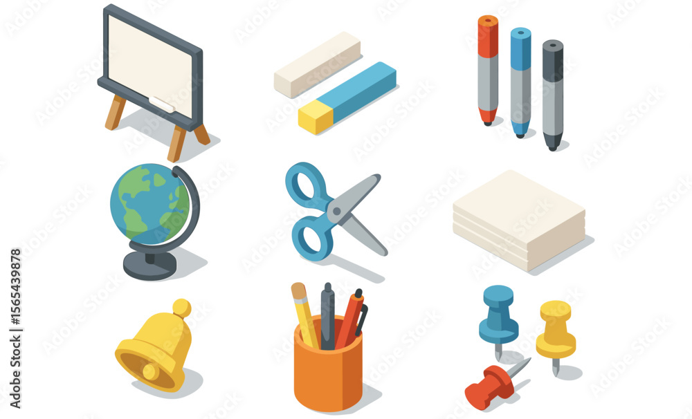 School and office supplies: chalkboard, chalk, globe, scissors, markers, sticky notes, push pins, pencil holder School and office supplies: chalkboard, chalk, globe, scissors, markers, sticky notes, push pins, pencil holder