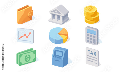 Finance and banking concept: wallet, bank, money, calculator, graph, and taxes