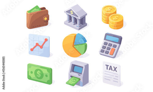 Finance and banking concept: wallet, bank, money, calculator, graph, and taxes