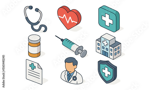 Healthcare and medical items: stethoscope, syringe, doctor, medicine, and hospital