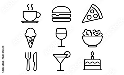Food and drinks concept with icons of coffee, hamburger, pizza, ice cream, wine, and more