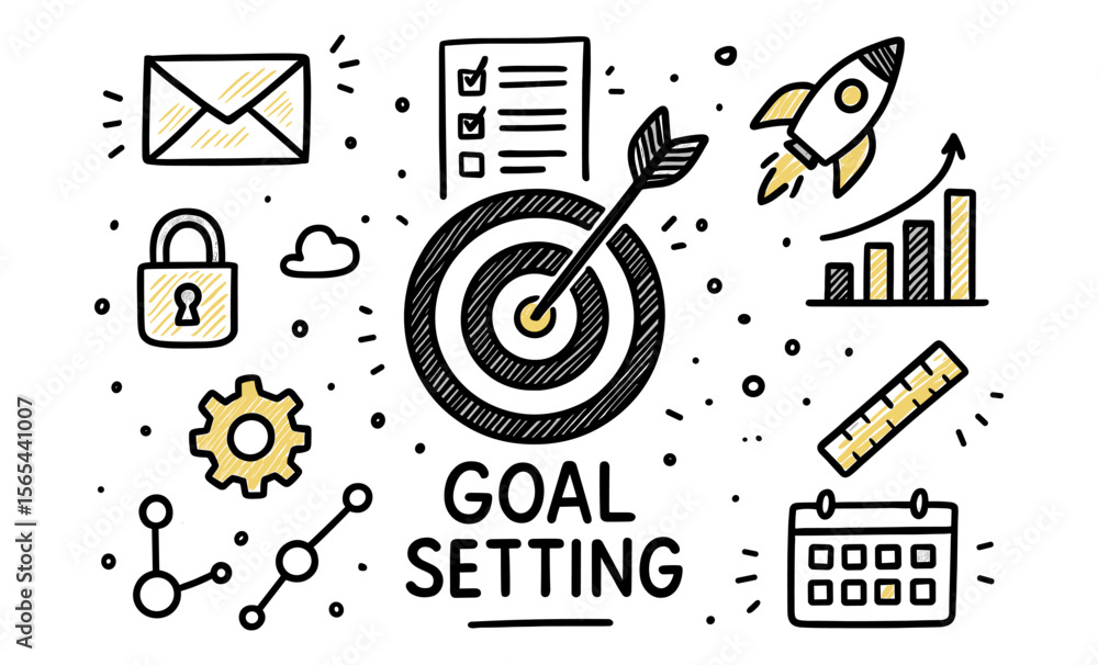 Fototapeta premium Goal setting and strategy planning concepts with target, rocket, and checklist illustrations