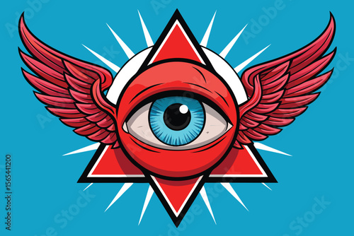 Winged Eye of Providence in Red Triangle with Light Rays