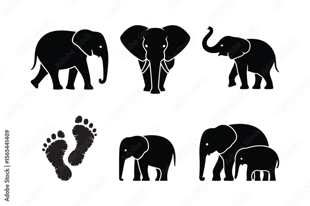 Obraz premium Silhouette Elephants And Footprints Bundle baby elephant mother elephant