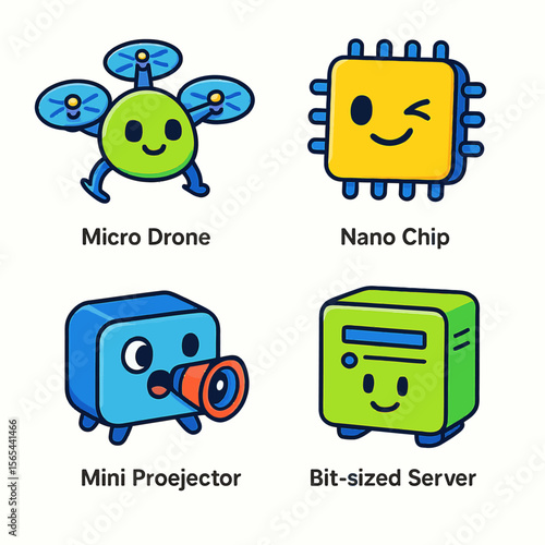 Cute cartoon representations of technology, including a drone, a chip, a projector, and a server.