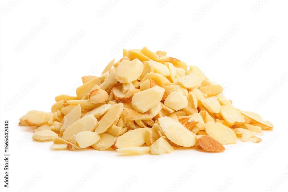 Heap of blanched sliced almonds on a white background, perfect for adding to desserts, baking recipes, or using as a healthy snack topping, showcasing their natural color and texture, studio shot Heap of blanched sliced almonds on a white background, perfect for adding to desserts, baking recipes, or using as a healthy snack topping, showcasing their natural color and texture, studio shot