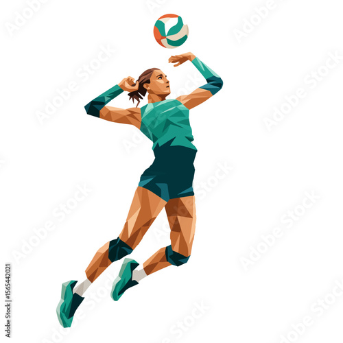 Abstract Volleyball Player Vector – Geometric Sports Illustration of Athlete Spiking Ball in Mid-Air on a transparent background.