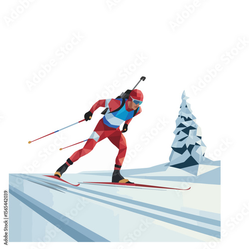 Biathlon Challenge Poster – Stylized Winter Sports Vector with Skiing Athlete and Rifle,  in polygon art with transparent background