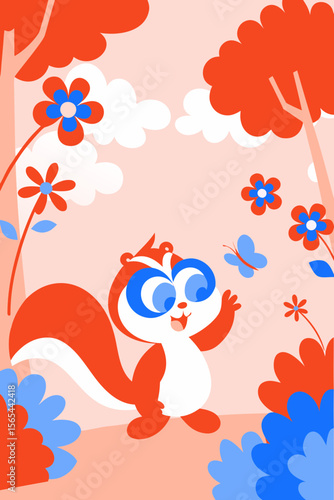 A giggling chipmunk reaching toward a butterfly in a flowery forest.