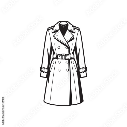 Classic double breasted trench coat with belted waist and button details isolated on white background in a clean line art style