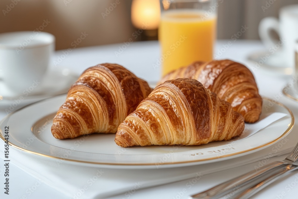 Enjoying fresh croissants and orange juice at breakfast in a cozy cafe setting Enjoying fresh croissants and orange juice at breakfast in a cozy cafe setting