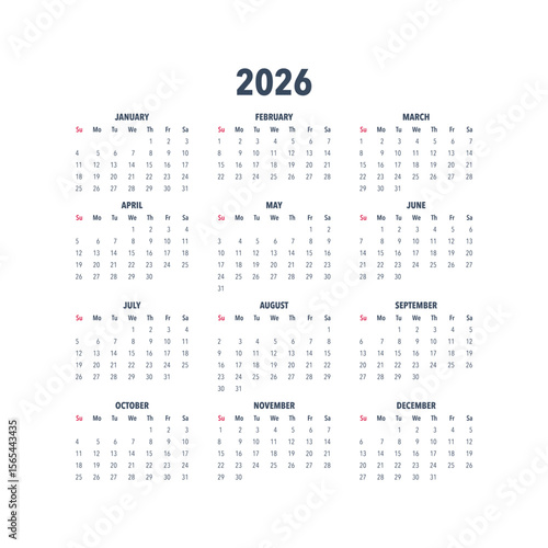 Calendar Planner 2026 in English language. Week start Sundey, corporate design planner template.