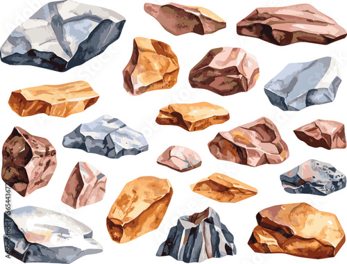 Collection of watercolor painted vector various stones and minerals each isolated on white