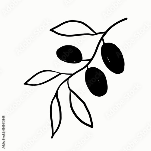 Olive branch plant ink sketch on isolated background. Minimalistic sketch logo for virgin oil, Italian Greek food ingredient, cosmetic in line art style. Vector illustration, design element for label