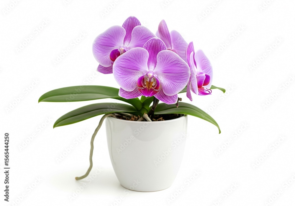 Elegant Orchid in Bloom: A close-up shot of a vibrant orchid in full bloom, its delicate petals of pink and purple hues, flourishing in a pristine ceramic pot. Elegant Orchid in Bloom: A close-up shot of a vibrant orchid in full bloom, its delicate petals of pink and purple hues, flourishing in a pristine ceramic pot.