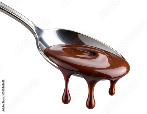 Glossy Chocolate Sauce Dripping from a Silver Spoon, isolated on a transparent background