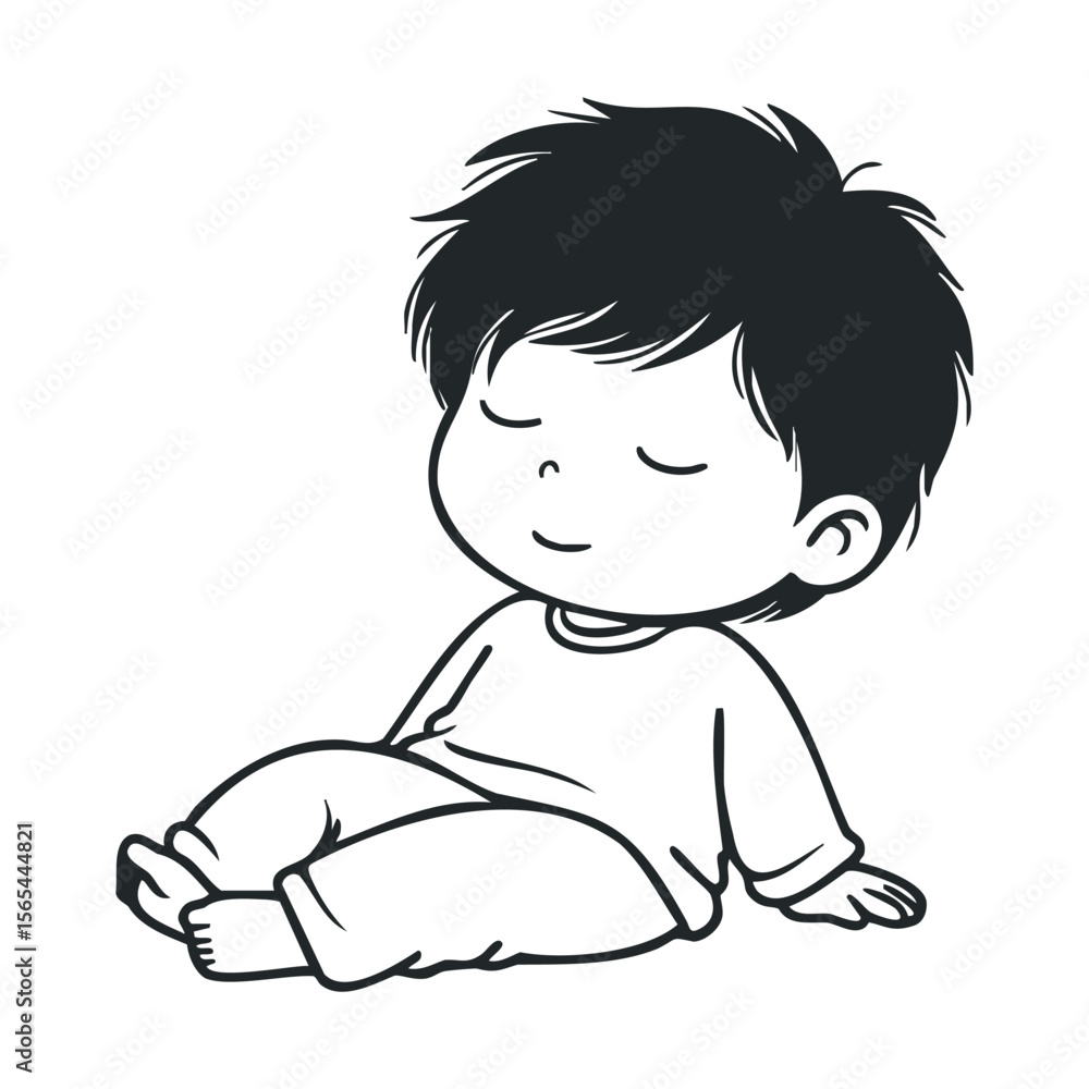 Fototapeta premium Peaceful asian child cartoon illustration with closed eyes and sitting pose