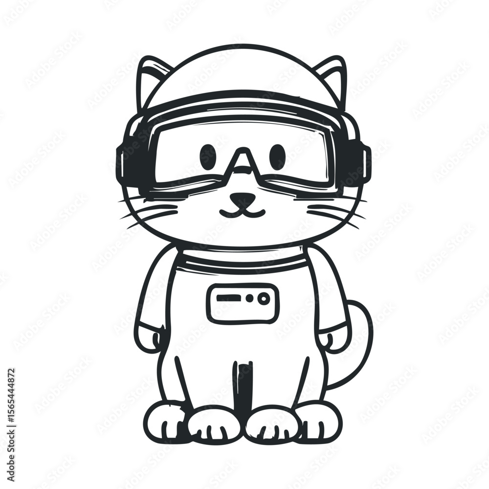 Cartoon space cat in helmet and goggles suit line art illustration Cartoon space cat in helmet and goggles suit line art illustration