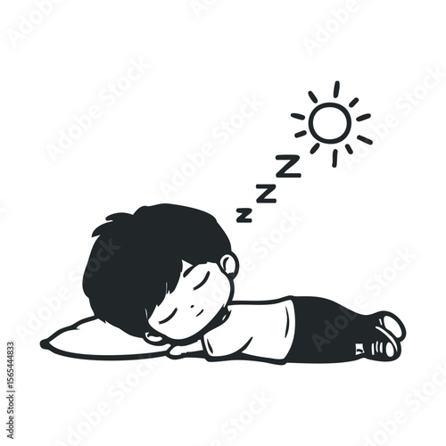 Cute cartoon child sleeping peacefully with sun overhead
