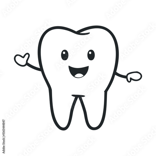 Happy cartoon tooth character with smiling face and arms