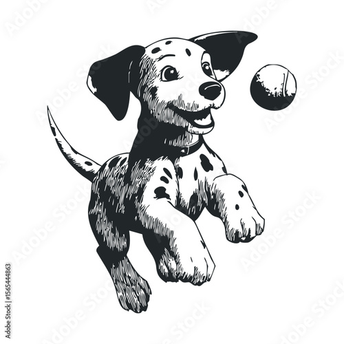 Playful dalmatian puppy bounding after ball illustration