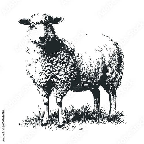 Detailed black and white illustration of a standing sheep on grass
