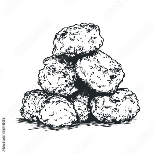 Vintage-style black and white sketch of a pyramid of tater tots