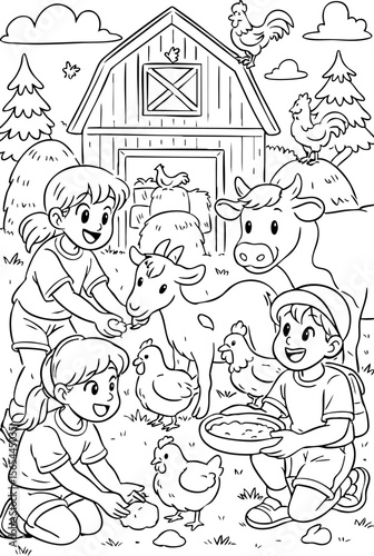 Coloring page of happy kids feeding farm animals, children playing with chickens, goat and cow near a barn, cheerful countryside scene perfect for creative coloring fun.
